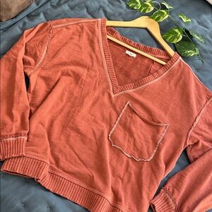 Pilcro | Women’s V-Neck Sweater in Warm Rust with Pocket Detail L